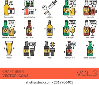 Craft Beer Icons including Fermentation, Manufacturing, Additive, Pale, Ale, Brown, India, (IPA), Black, Malt, Mead, Lager, Dark, Pilsner, Stout, Bitter, Premium, Beer, World-Class, Original, Recipes