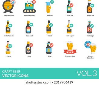 Craft Beer Icons including Fermentation, Manufacturing, Additive, Pale, Ale, Brown, India, (IPA), Black, Malt, Mead, Lager, Dark, Pilsner, Stout, Bitter, Premium, Beer, World-Class, Original, Recipes