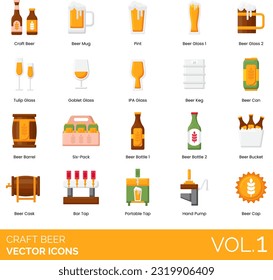 Craft Beer Icons Including Craft, Beer, Mug, Pint, Glass, Tulip, Goblet, IPA, Keg, Can, Barrel, Six-Pack, Bottle, Bucket, Cask, Bar, Tap, Portable, Hand, Pump, Cap, alcohol, beer, brewery, bar