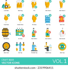 Craft Beer Icons Including Craft, Beer, Mug, Pint, Glass, Tulip, Goblet, IPA, Keg, Can, Barrel, Six-Pack, Bottle, Bucket, Cask, Bar, Tap, Portable, Hand, Pump, Cap, alcohol, beer, brewery, bar