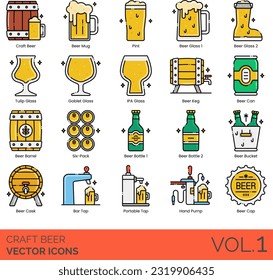 Craft Beer Icons Including Craft, Beer, Mug, Pint, Glass, Tulip, Goblet, IPA, Keg, Can, Barrel, Six-Pack, Bottle, Bucket, Cask, Bar, Tap, Portable, Hand, Pump, Cap, alcohol, beer, brewery, bar