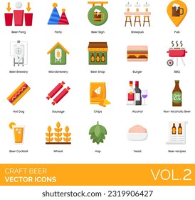 Iconos de cerveza de artesanía que incluyen cerveza, pong, fiesta, letrero, cervecería, pub, cervecería, microcervecería, tienda, hamburguesa, barbacoa, caliente, perro, salchichas, alcohol, no alcohólico, cóctel, trigo, hop, levadura, recetas