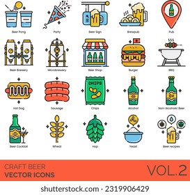 Iconos de cerveza de artesanía que incluyen cerveza, pong, fiesta, letrero, cervecería, pub, cervecería, microcervecería, tienda, hamburguesa, barbacoa, caliente, perro, salchichas, alcohol, no alcohólico, cóctel, trigo, hop, levadura, recetas