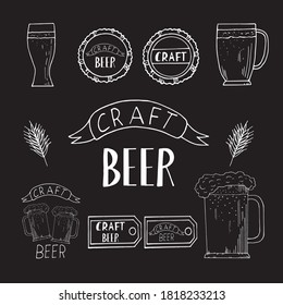 craft beer icons, labels, stickers, posters hand drawn vector doodle. sketch, Scandinavian, minimalism, monochrome. set of elements, collection. drink, menu, bar, brewing