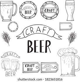 iconos de cerveza artesanal, etiquetas, pegatinas, afiches de doodle vectorial dibujado a mano. boceto, escandinavo, minimalismo, monocromo. conjunto de elementos, colección. bebida, menú, bar, elaboración