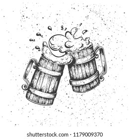 Craft beer - image of two mugs of beer. Emblem brewery design for restaurant, cafe menu. Elements for labels, logos, stickers or icons. Vector illustration.