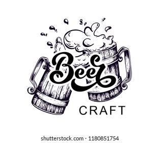 Craft beer - image of two mugs of beer. Emblem brewery design for restaurant, cafe menu. Elements for labels, logos, stickers or icons. Vector illustration.