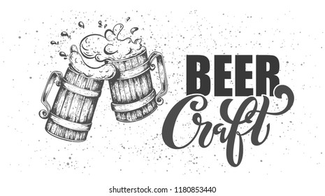 Craft beer - image of two mugs of beer. Emblem brewery design for restaurant, cafe menu. Elements for labels, logos, stickers or icons. Vector illustration.