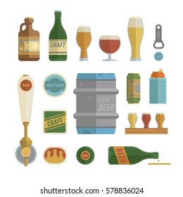 Craft beer items set. Differens beer elements include bottles, glasses, keg, can and bottle opener for bar, pub, home brewery, alcohol store. vector illustration art in flat style.