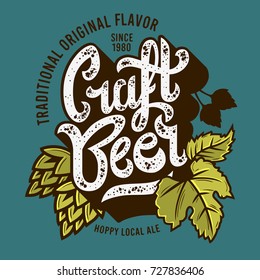 Craft Beer Label With Leaves And Hops Illustration. Vector Graphic.
