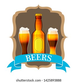 Craft beer label and neck label on brown bottle. Vector beer glasses and bottle drawn with mesh tool. Different sorts of alcohol bar concept.