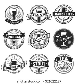 Craft beer labels. Traditional german, belgian and british beer styles. Weissbier, pilsner, rauchbier, dubbel, blanche, fruit lambic, brown ale, stout and IPA. Vintage emblems.