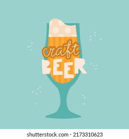 Craft beer lettering. Flat vector illustration of a beer glass. Logo for a small brewery or beer festival.