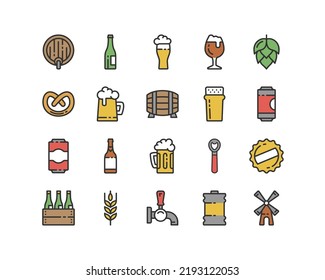 Iconos de la línea de cerveza de artesanía. Juego de iconos vectoriales de trazo colorido con tazas de cerveza, botellas, barriles, latas, lúpulos, ingredientes y accesorios