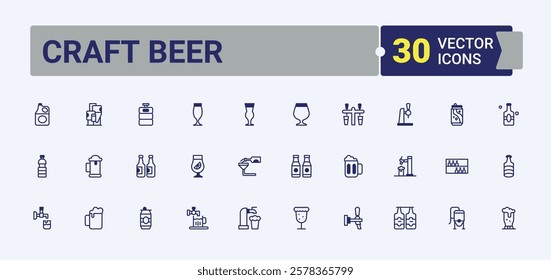 Craft Beer lined icons set. Related to brewing, barley, alcohol, mug, cap, bottle, hop, oktoberfest. Minimal linear icons. Vector line and solid icons.