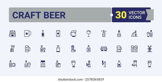 Craft Beer lined icons set. Related to brewing, barley, alcohol, mug, cap, bottle, hop, oktoberfest. Minimal linear icons. Vector line and solid icons.