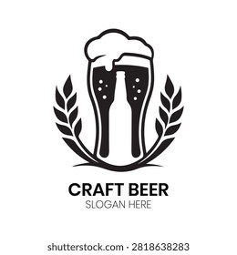 Craft Beer logo displays a classic mug filled with frothy beer framed by rustic barley stalks. This traditional and inviting design is excellent for artisanal breweries, craft beer pubs, microbreweries, beverage distributors, and local taprooms wanting a distinctive, premium brand identity that highlights authentic brewing craftsmanship.