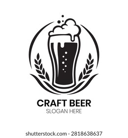 Craft Beer logo displays a frothy, classic beer glass surrounded by barley stalks and hop leaves. This traditional yet refined beverage design is exceptionally well-suited for craft breweries, artisan pubs, microbreweries, and beverage distribution companies celebrating authentic brewing traditions.