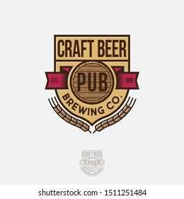 Craft Beer logo. Emblem as a heraldic shield. with ribbons, letters and barrel symbol. Vintage style.