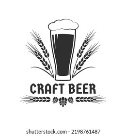 Craft beer logo or icon. Brewery label, badge with beer glass or pint, hop and wheat. Alcohol drink, bar or pub emblem design. Vector illustration.
