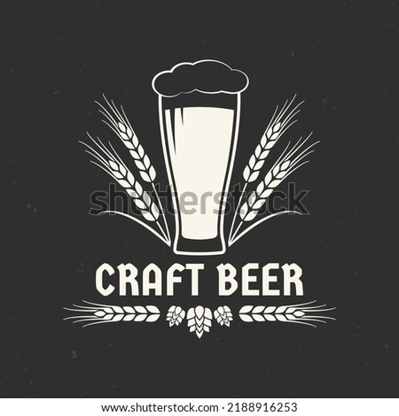 Craft beer logo or icon. Brewery label, badge with beer glass or pint, hop and wheat. Alcohol drink, bar or pub emblem design. Vector illustration.