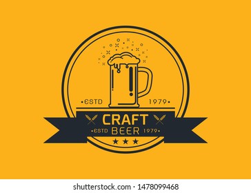 Craft beer logo icon  emblem design. Rough Handmade Alcohol Banner. badge isolated on yellow background vector illustration