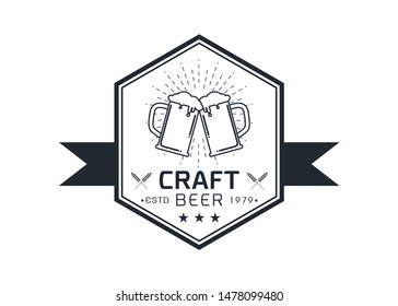 Craft beer logo icon  emblem design. Rough Handmade Alcohol Banner. badge isolated on white background vector illustration