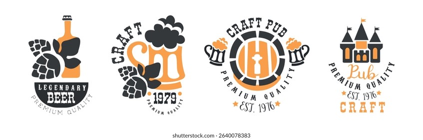 Craft Beer Logo and Label Design with Alcoholic Drink Vector Set