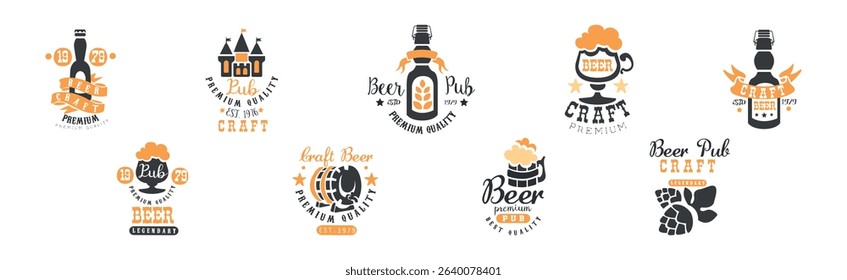 Craft Beer Logo and Label Design with Alcoholic Drink Vector Set