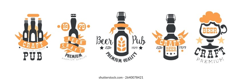 Craft Beer Logo and Label Design with Alcoholic Drink Vector Set