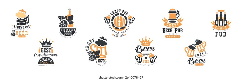 Craft Beer Logo and Label Design with Alcoholic Drink Vector Set