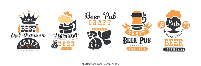 Craft Beer Logo and Label Design with Alcoholic Drink Vector Set