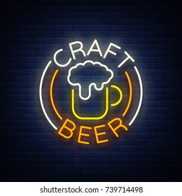 Craft beer logo, label, emblem vector illustration, design emblem in neon style. Neon logo, sign, bright signboard, glowing banner