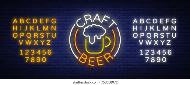 Craft beer logo, label, emblem vector illustration, design emblem in neon style. Neon logo, sign, bright signboard, glowing banner. Editing text neon sign. Neon alphabet.
