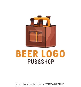 Craft Beer logo with pack of bottles. Brewery label design in trendy flat style illustration. Stock vector beer logo
