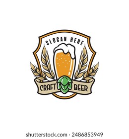 Craft Beer Logo with Pint, Wheat, and Hop Cone