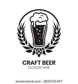 Craft Beer logo presents a detailed glass of frothy beverage framed by traditional barley stalks, capturing an artisanal and authentic brewing heritage. This classic commercial design is highly effective for microbreweries, craft pubs, local bars, beverage manufacturers, and hospitality brands looking for a traditional, handcrafted, and inviting market identity.