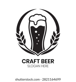 Craft Beer logo presents a traditional beer glass filled with frothing foam, surrounded by wheat stalks and a circular crest, representing artisanal brewing and authentic pub culture. This classic and robust design is ideal for craft breweries, microbreweries, artisanal pubs, beverage distributors, and local taprooms seeking a heritage-rich and appealing brand mark.