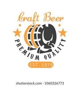 Craft beer logo template with barrel and stars. Creative black and orange emblem. Vector design for brewing company insignia or bottle label