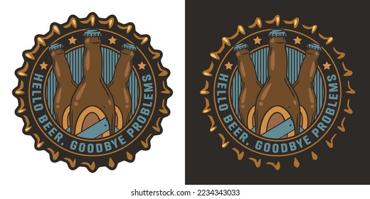 Craft beer logo or vector emblem with beer bottles and cap for bar or pub. Drink print or graphic label for brewery or factory.