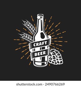 Craft beer logo. Vector craft beer icon with a bottle, hop and barley decoration. Vintage engraved emblem for pub or bar.