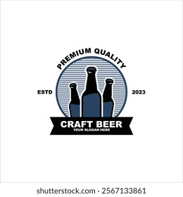 Craft beer logo. Vector craft beer icon with a bottle, hop and barley decoration. Vintage engraved emblem for pub or bar.