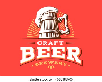 Craft beer logo- vector illustration, emblem brewery design on red background.