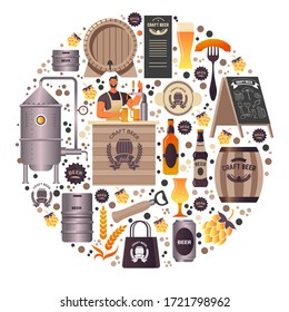 Craft beer making and selling. Brewery with equipment for creating alcoholic beverage with new tastes, shop with man seller or owner. Bottle with production, snack and table of bar or pub, vector