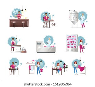 Craft beer and meat production flat vector illustrations set. Furniture manufacturing. Shoes and clothing industry. Handmade items. Factory workers. Butcher's store. Isolated cartoon characters