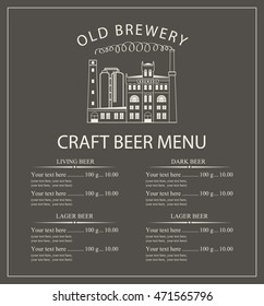 craft beer menu with the image of the brewery building in retro style and price