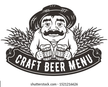 Craft beer menu logo with a man with two beer mugs and spikelets