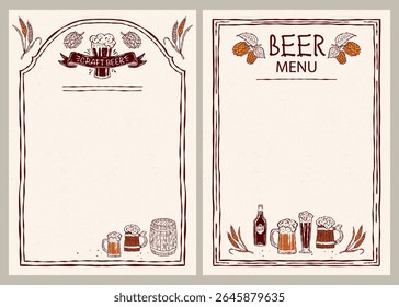 Craft beer menu set. Vector hand-drawn icons featuring beer mugs, a beer barrel, malt, and wheat. Perfect for bar menus, branding, packaging, and print projects