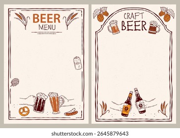 Craft beer menu set. Vector hand-drawn icons featuring beer mugs, a beer barrel, malt, and wheat. Perfect for bar menus, branding, packaging, and print projects