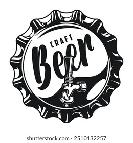 Craft beer monochrome vintage logotype with metal cap from drink made from hops and malt vector illustration